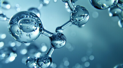 the molecular structure of water. water molecules flying in blue space. the structure of the liquid on a blue background. - obrazy, fototapety, plakaty