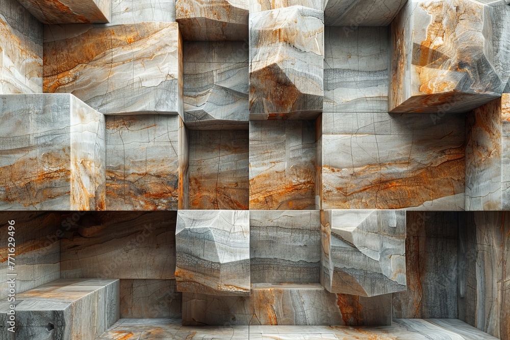 Poster an intriguing image depicting a wall of textured stone blocks arranged in a complex geometric patter