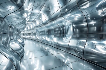 This image showcases a sleek, futuristic tunnel made of shiny metal panels, reflecting light and creating an infinite, immersive experience - Powered by Adobe