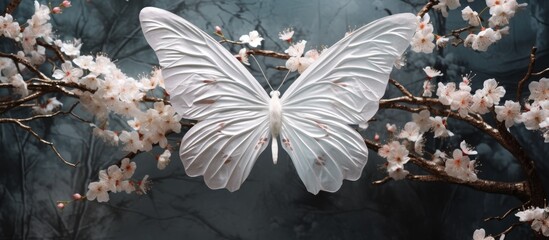 A white butterfly, a pollinator and insect, is perched on a branch of a tree with white flowers....