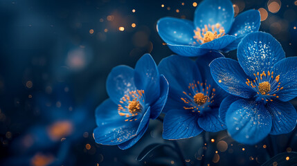 fantasy blue flowers illuminated by glowing light particles on a blurred copy space background