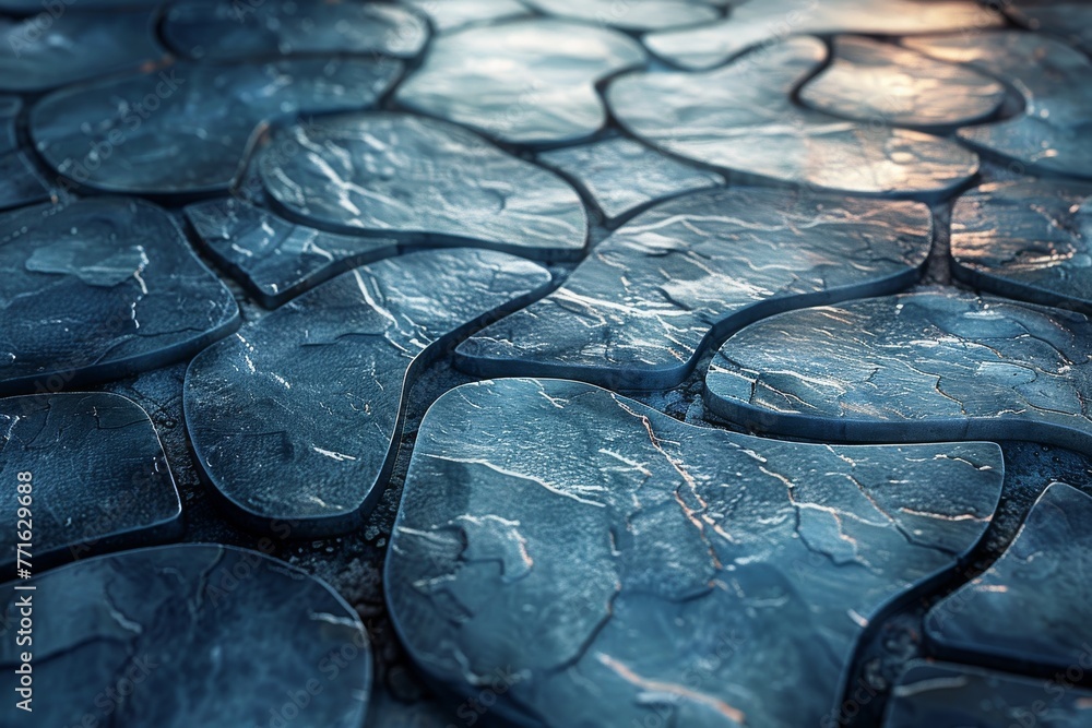 Poster an intricate stone floor design featuring interlocking curvy shapes and subtle blue hues creating an