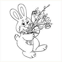 Easter bunny with a bouquet of flowers in his hands for coloring with black and white linear images