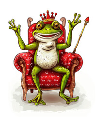 A fairy-tale frog in a crown, on a throne, with a scepter
 - obrazy, fototapety, plakaty