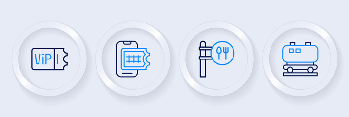 Set line Oil railway cistern, Cafe and restaurant location, Online ticket booking and Train icon. Vector