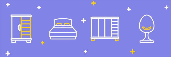 Set line Armchair, Wardrobe, Big bed and icon. Vector