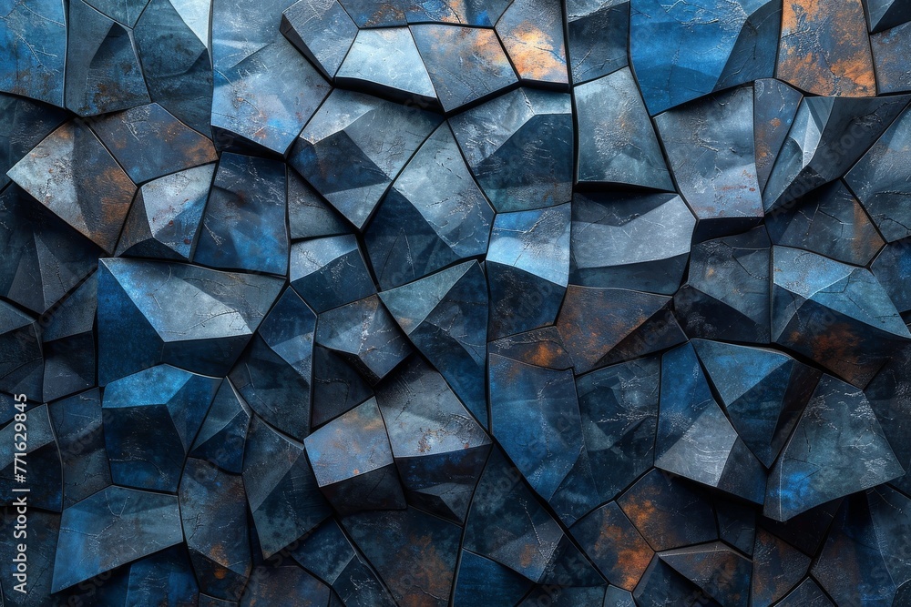 Poster intriguing abstract image with a pattern of geometric shapes in blue tones with hints of rust