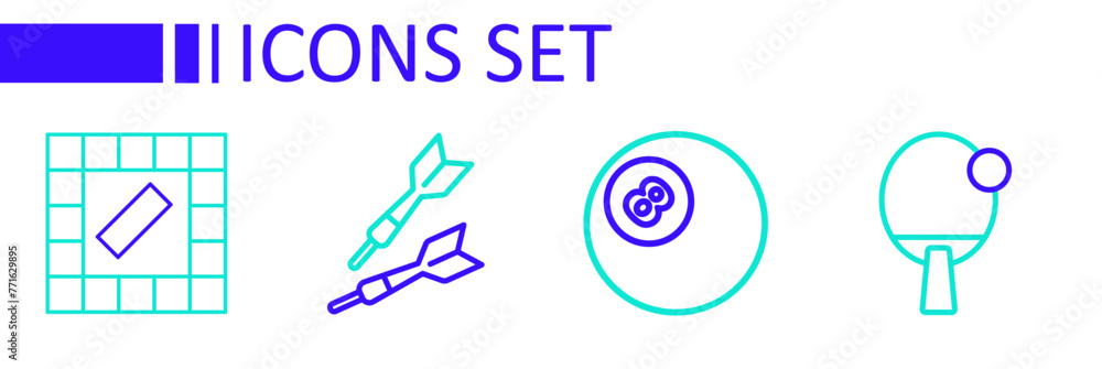 Poster set line racket, billiard pool snooker ball, dart arrow and board game icon. vector