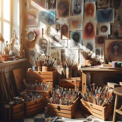 Painting studio with painting tools, brushes, and some paintings hanging on the wall with sunlight