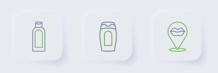 Set line Smiling lips, Bottle of shampoo and icon. Vector