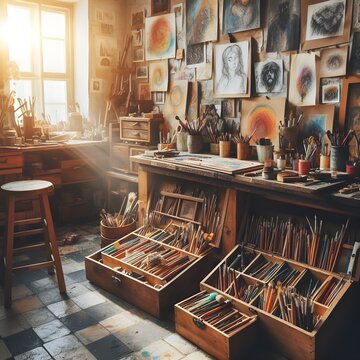 Painting studio with painting tools, brushes, and some paintings hanging on the wall with sunlight