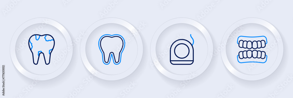 Poster Set line Dentures model, Dental floss, Tooth and Broken tooth icon. Vector