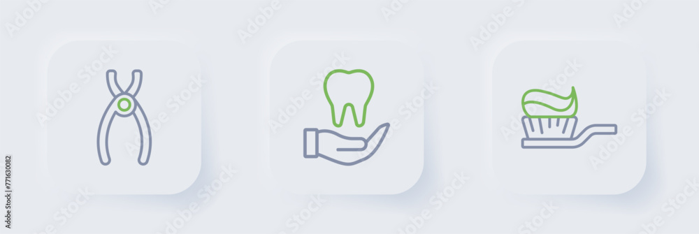 Sticker Set line Toothbrush with toothpaste, and Dental pliers icon. Vector