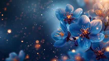 Poster fantasy blue flowers illuminated by glowing light particles on a blurred copy space background © Stima