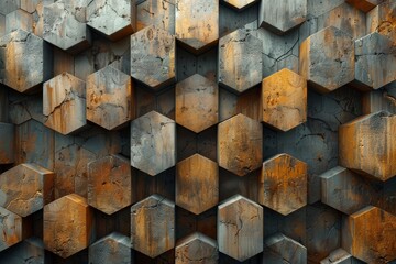 Realistic detailed 3D rendering of hexagon panels with rust texture, showcasing the beauty and decay of industrial materials over time