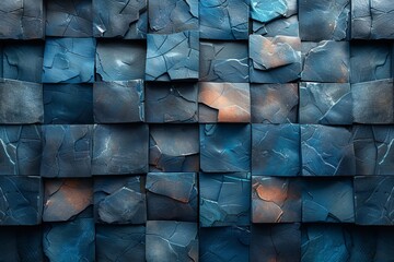 Cracked pattern ceramic tiles with varying shades of blue, creating an abstract and dynamic visual...