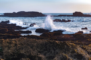Beautiful view of the Atlantic Ocean in the area of the city of Essaouira in Morocco on a sunny summer day.