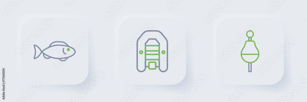 Poster set line fishing float, inflatable boat with motor and icon. vector