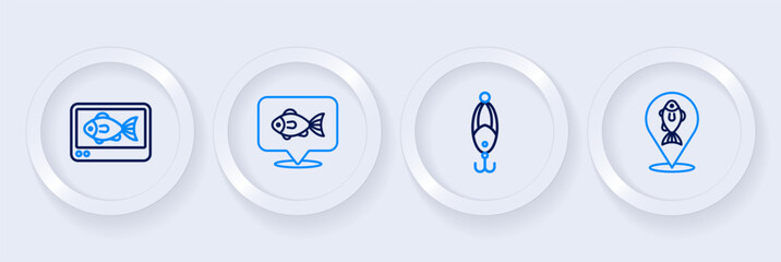 Set line Location fishing, Fishing lure, and finder echo sounder icon. Vector