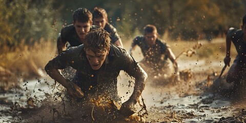 Overcoming Challenges Together: Competitors in a Muddy Obstacle Course Race. Concept Teamwork, Persistence, Adrenaline, Mud, Triumph