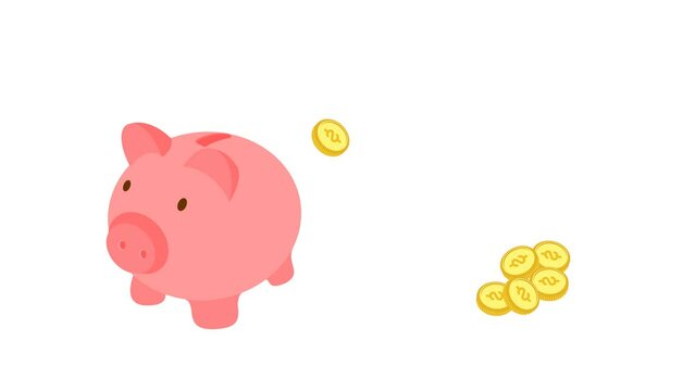 animated piggy bank with gold coins. piggy bank get bigger when receiving coins. saving money concept. investment concept. video animation footage on alpha channel background.