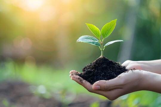 Hand holding small growing tree with soil and green leaves on blurred background, environment protection and ecology with copy space for text.         