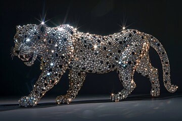 A Leopard sculpted from glistening diamonds, showcasing intricate details and shimmering facets - obrazy, fototapety, plakaty