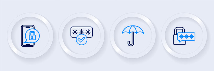 Set line Cyber security, Umbrella, Password protection and Mobile with closed padlock icon. Vector