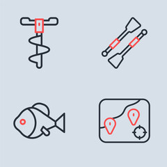 Set line Oars or paddles boat, Fish, Location fishing and Hand ice drill icon. Vector