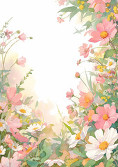 A painting of a field of flowers with a white background. The flowers are in various colors and are scattered throughout the painting. The mood of the painting is peaceful and serene