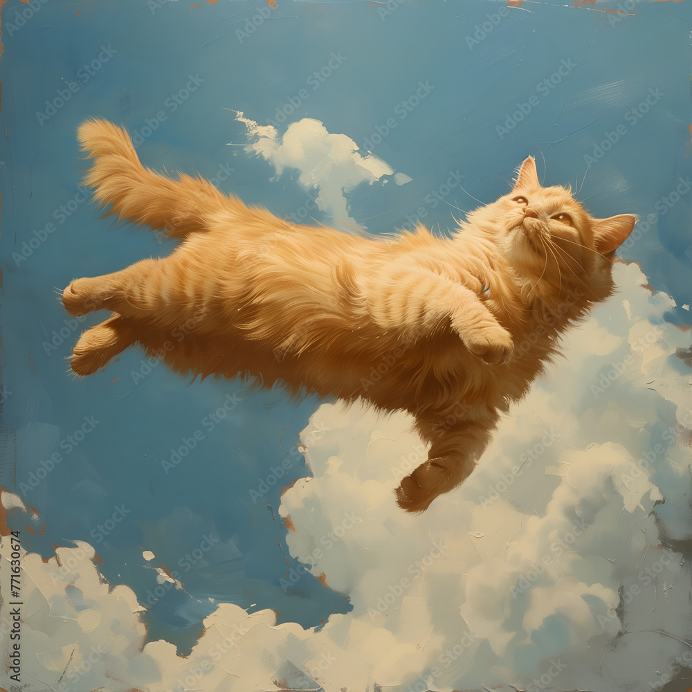 Aufkleber a cat is flying through the sky with its tail held high. the cat is orange, and he is enjoying the f