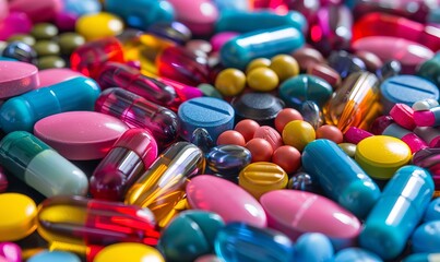 Assorted of colorful medicine pills and supplement capsules background, Generative AI