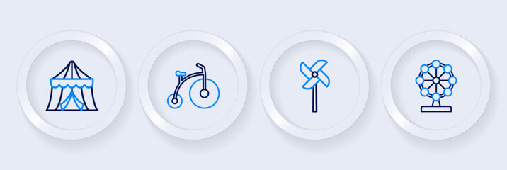 Set line Ferris wheel, Pinwheel toy, Vintage bicycle and Circus tent icon. Vector