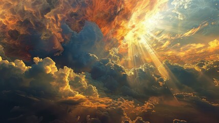 Dramatic cloudscape with sunbeams and orange hues - A stunning display of sunlight piercing through dynamic cloud formations, creating a dramatic and vivid skyscape - obrazy, fototapety, plakaty