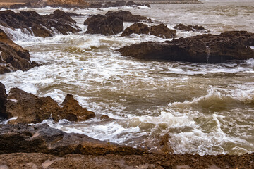 View of the stormy water of the Atlantic Ocean in the area of Essaouira in Morocco.