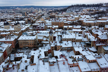 Winter aerial view of the historic center of Lviv, one of the oldest cities in western Ukraine.