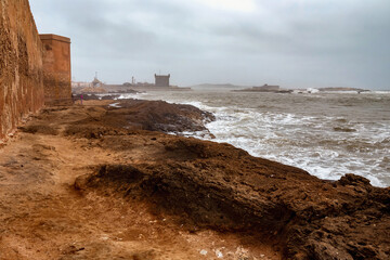 View of the stormy water of the Atlantic Ocean in the area of Essaouira in Morocco.
