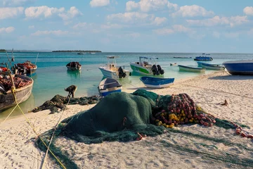 Poster Fishing boats with nets on board waiting to go out and catch fish. Zanzibar Kendwa beach  © janmiko