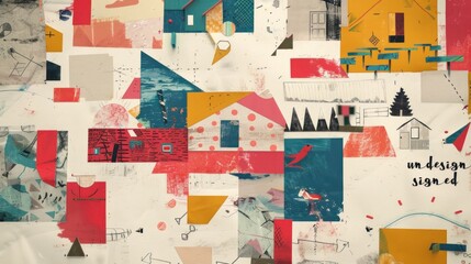 Abstract collage of geometric shapes, houses, and trees in a colorful, disjointed pattern suggestive of a fragmented, artistic village scene.