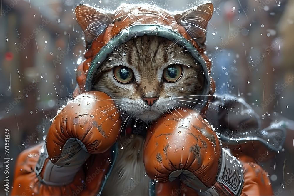 Poster a cat wearing boxing gloves and a raincoat. the cat is looking at the camera with a curious expressi