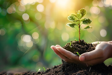 Hand holding small growing tree with soil and green leaves on blurred background, environment protection and ecology with copy space for text.         