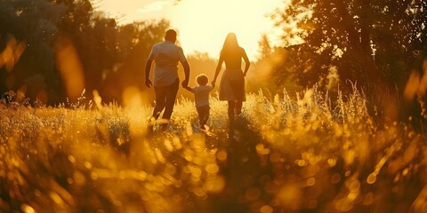 A family of three runs and plays in a meadow at sunset showing love and togetherness. Concept Family Bonding, Sunset Fun, Meadow Activities, Love and Togetherness, Playful Pictures - obrazy, fototapety, plakaty