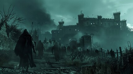 The Undead marched relentlessly towards the fortified outpost - obrazy, fototapety, plakaty