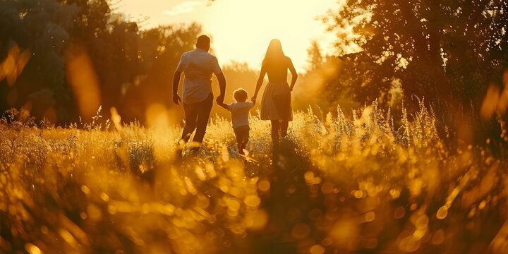 A family of three runs and plays in a meadow at sunset showing love and togetherness. Concept Family Bonding, Sunset Fun, Meadow Activities, Love and Togetherness, Playful Pictures