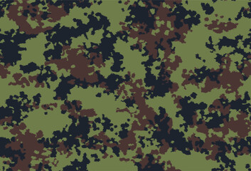 Military and hunting camouflage 'splotchy' seamless pattern. Three colors, olive green, black, brown. Very effective in the woodland environment.
