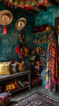 a craft bazaar in Mexico with cushions sombreros rebozos 