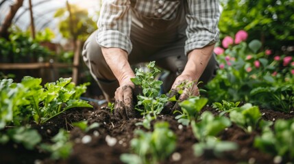 Man Kneeling in Garden Holding Plant