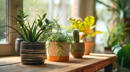 Group of Potted Plants on Wooden Table