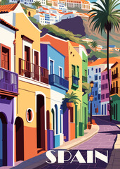 Spain Travel Destination Poster in retro style. Old town street digital print. European summer vacation, holidays concept. Vintage vector colorful illustration. - obrazy, fototapety, plakaty