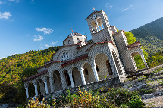 View of the church at the sliding village Ropoto after a landslide in Greece